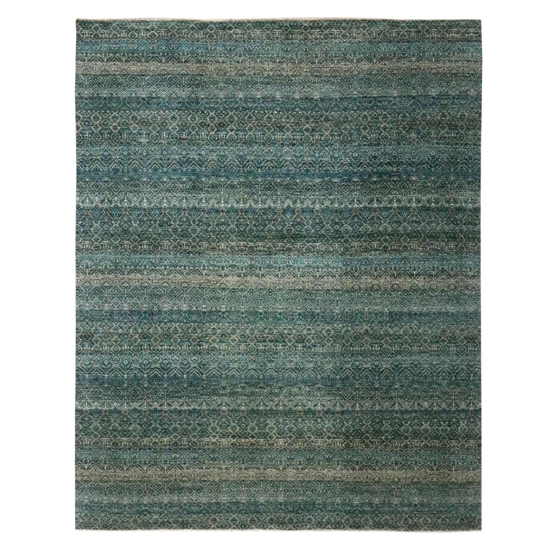 8'1"x10' Teal Hand Knotted Kohinoor Geometric Repetitive Design Wool Rug: 8'1"x10' Teal Hand Knotted Kohinoor Geometric Repetitive Design Wool Rug The Kohinoor Geometric Repetitive Design Wool Rug boasts a striking teal field with intricate geometric patterns, showcasing th
