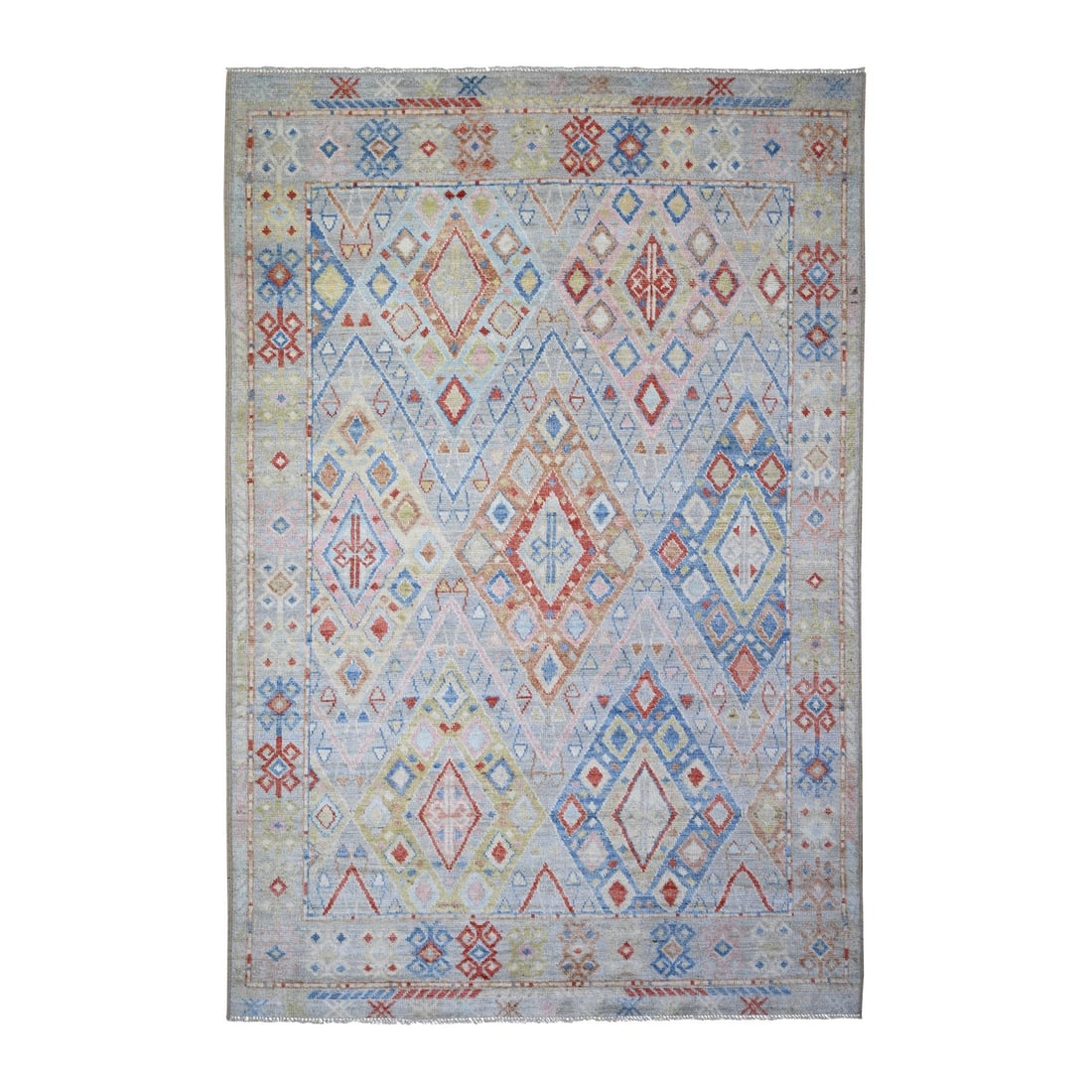6'1"x8'10" Colorful Hand Knotted Anatolian Village Inspired Wool Rug: 6'1"x8'10" Colorful Hand Knotted Anatolian Village Inspired Wool Rug This vibrant Anatolian Village Inspired Wool Rug boasts an eye-catching grey color and unique, hand-knotted design. Measuring 6'1" 