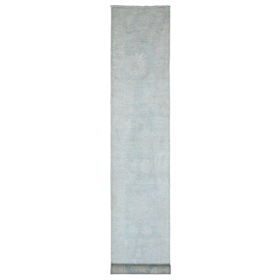 2'10"x19'6" Gray Afghan Angora Oushak Hand Knotted Pure Wool Runner Rug: 2'10"x19'6" Gray Afghan Angora Oushak Hand Knotted Pure Wool Runner Rug The Oushak Type Afghan Angora Wool Runner Rug boasts a stunning grey field with intricate regional design, showcasing the except