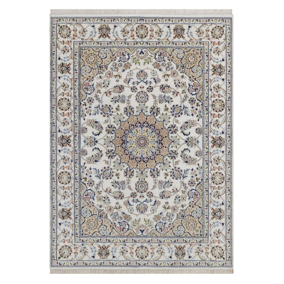 5'2"x7'1" Ivory Nain with Medallion Design Hand Knotted Wool & Silk 250 KPSI: 5'2"x7'1" Ivory Nain with Medallion Design Hand Knotted Wool & Silk 250 KPSI Hand-knotted with wool and silk, this stunning 5'2"x7'1" ivory Nain rug boasts intricate medallion design. Its rectangular 