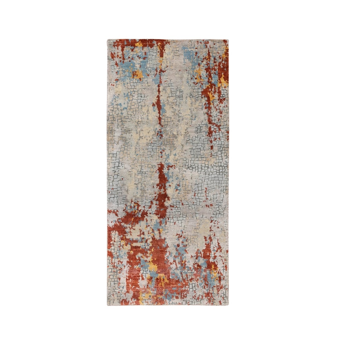 2'6"x5'10" Wool and Silk Abstract Fire Mosaic Design Hand Knotted Rug: 2'6"x5'10" Wool and Silk Abstract Fire Mosaic Design Hand Knotted Rug This stunning hand-knotted rug boasts an intricate abstract mosaic design in rich grey tones, complemented by pops of vibrant red,