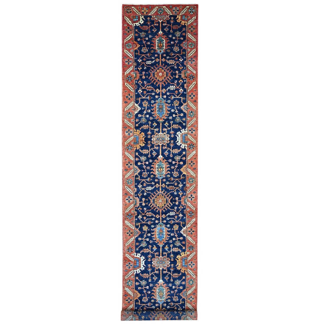 3'1"x19'6" Yale Blue Heris All Over Design Wool Hand Knotted Runner Rug: 3'1"x19'6" Yale Blue Heris All Over Design Wool Hand Knotted Runner Rug Hand-knotted in wool, this stunning 3'1"x19'6" Heris all-over design rug boasts an intricate blue field with a rich regional Ori