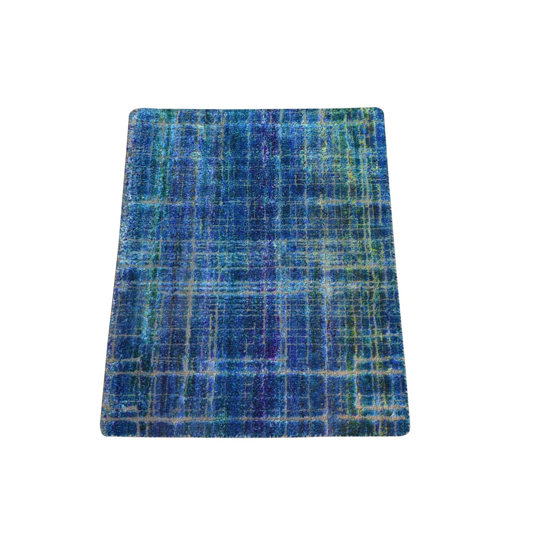 1'6"x2' Galaxy Blue Pure Sari Silk Sample Strike Off Hand Knotted Mat Rug (1 of 6)