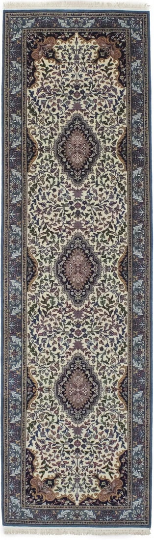 2'9 X 9'6 Handmade Cream Kirman Runner Floral Oriental Hallway Carpet 3X10 Ft Hand-Knotted: 2'9 X 9'6 Handmade Cream Kirman Runner Floral Oriental Hallway Carpet 3X10 Ft Hand-Knotted Hand-knotted in wool with a cotton foundation, this traditional cream-colored runner features an intricate fl