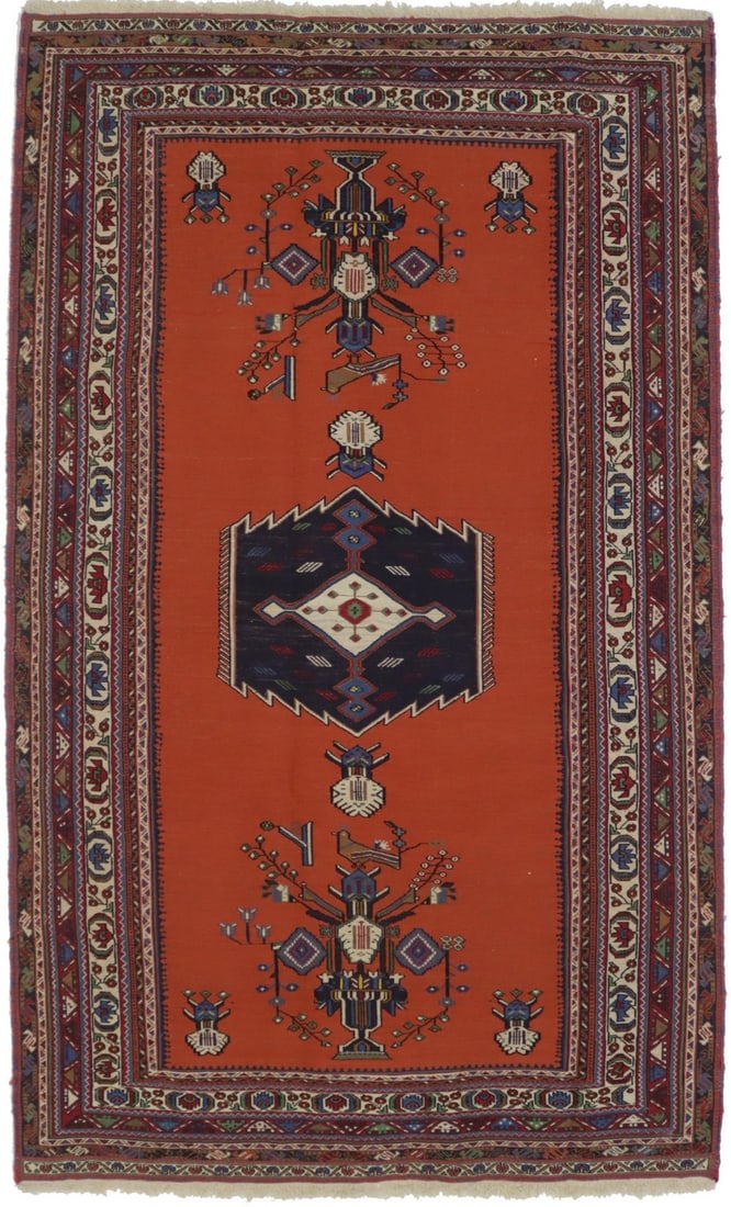 4X7 Vintage Style Tribal Orange Wool Sumak Flat-Weave Oriental Rug Carpet Hand-Knotted: 4X7 Vintage Style Tribal Orange Wool Sumak Flat-Weave Oriental Rug Carpet Hand-Knotted Hand-Loomed with Wool, This Vibrant Tribal Orange Wool Sumak Flat-Weave Oriental Rug Carpet Boasts a Unique Flora