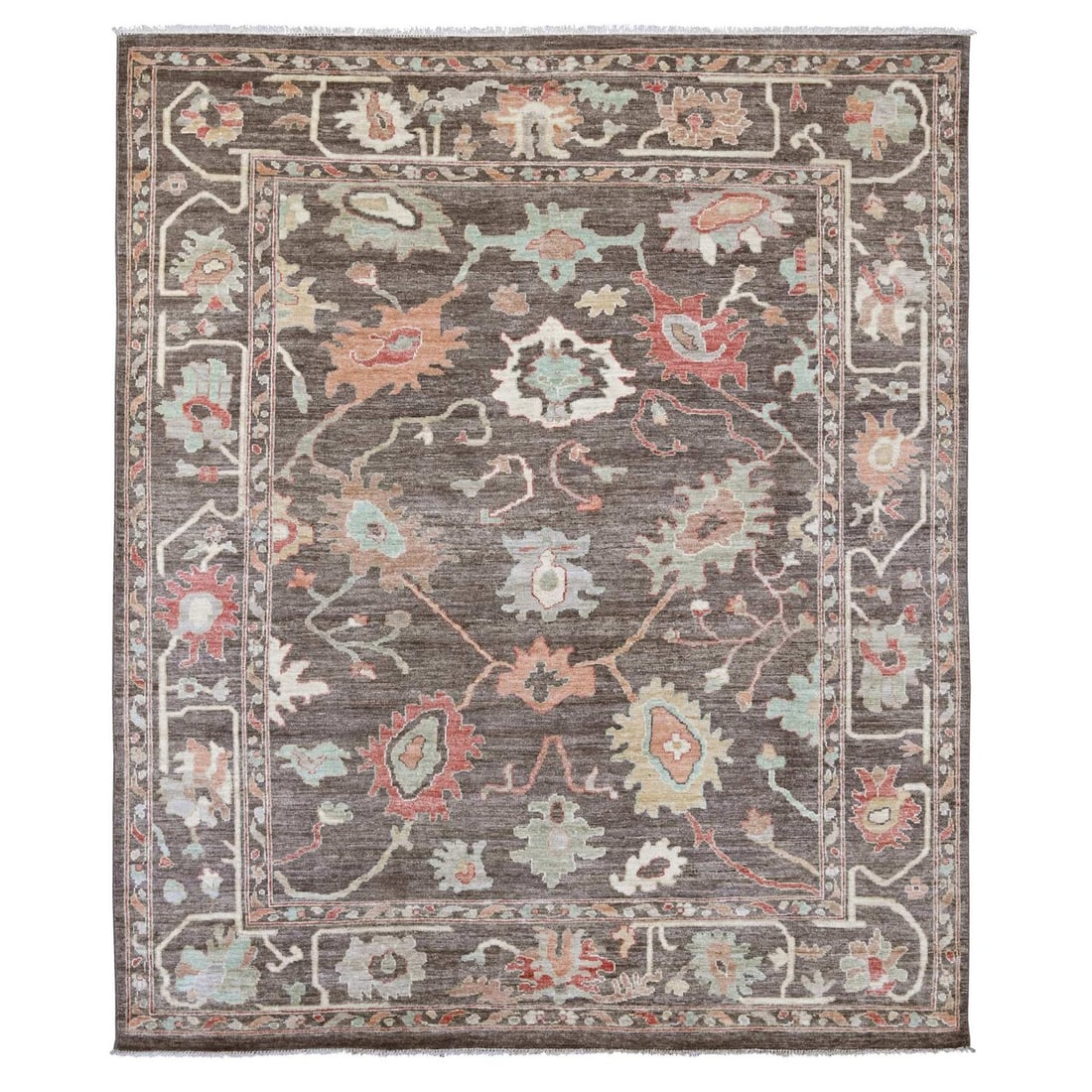 8'x9'6" Brown Afghan Angora Oushak Leaf Design Hand Knotted Pure Wool Rug: 8'x9'6" Brown Afghan Angora Oushak Leaf Design Hand Knotted Pure Wool Rug The Oushak Leaf Design Hand Knotted Pure Wool Rug boasts an intricate floral pattern in rich brown hues, set against a rectang