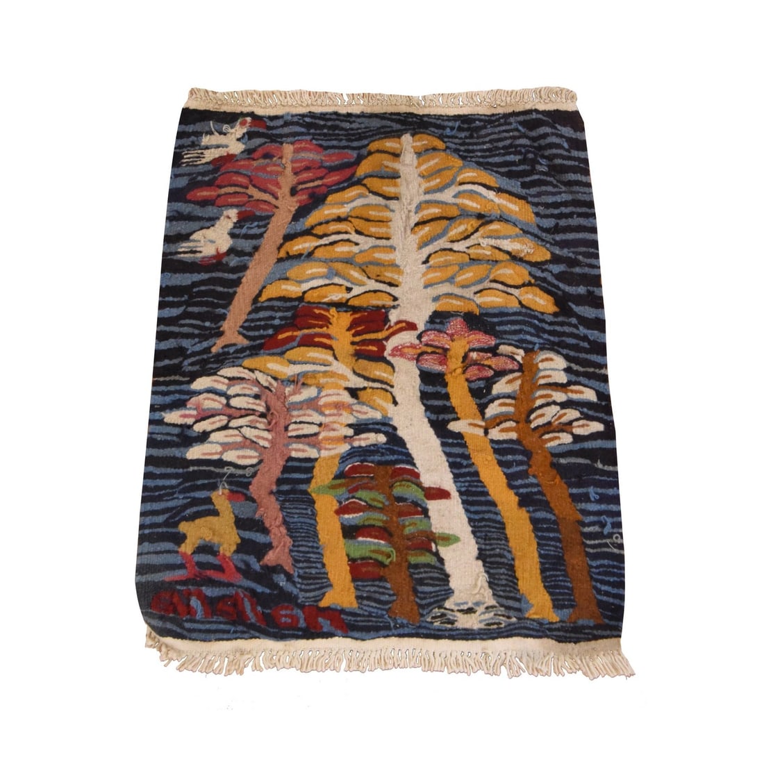 Blue Chain Stitch Kilim Mat Rug with Trees Birds Flat Weave Wool (1 of 8)