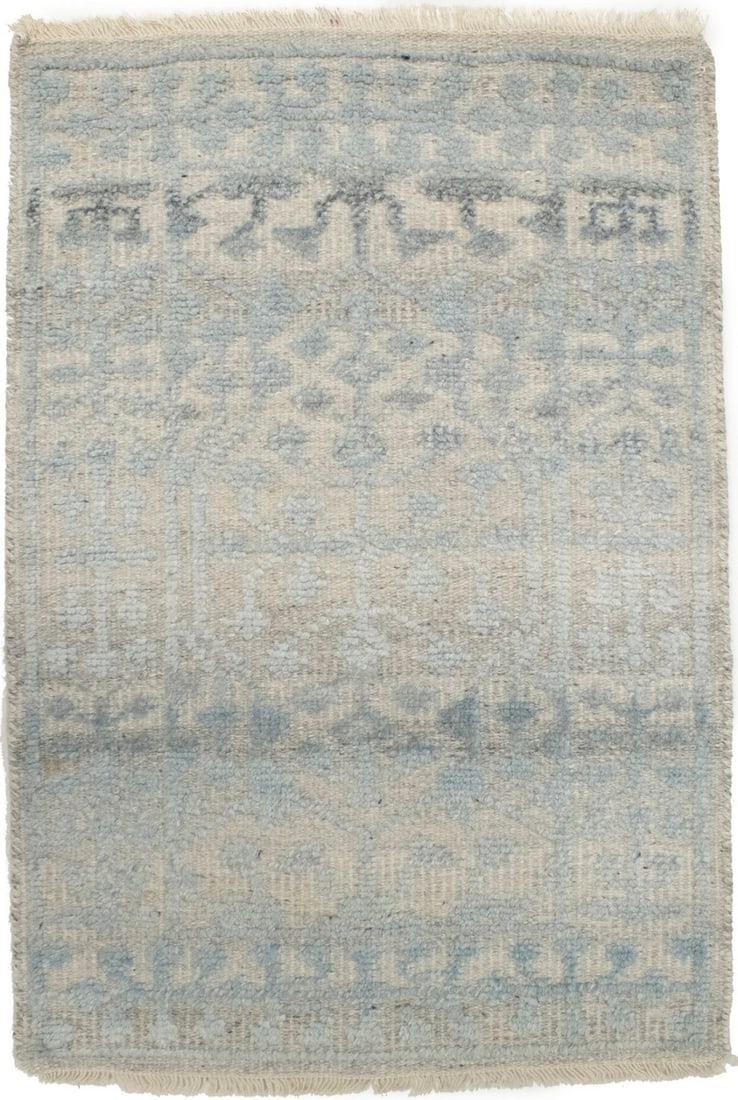 Handmade Blue Geometric Oriental Rug Modern Style Bathroom/Bedroom Carpet 2X3 Ft Hand-Knotted: Handmade Blue Geometric Oriental Rug Modern Style Bathroom/Bedroom Carpet 2X3 Ft Hand-Knotted Hand-knotted in wool with a cotton foundation, this modern geometric Oriental rug boasts a unique blend of