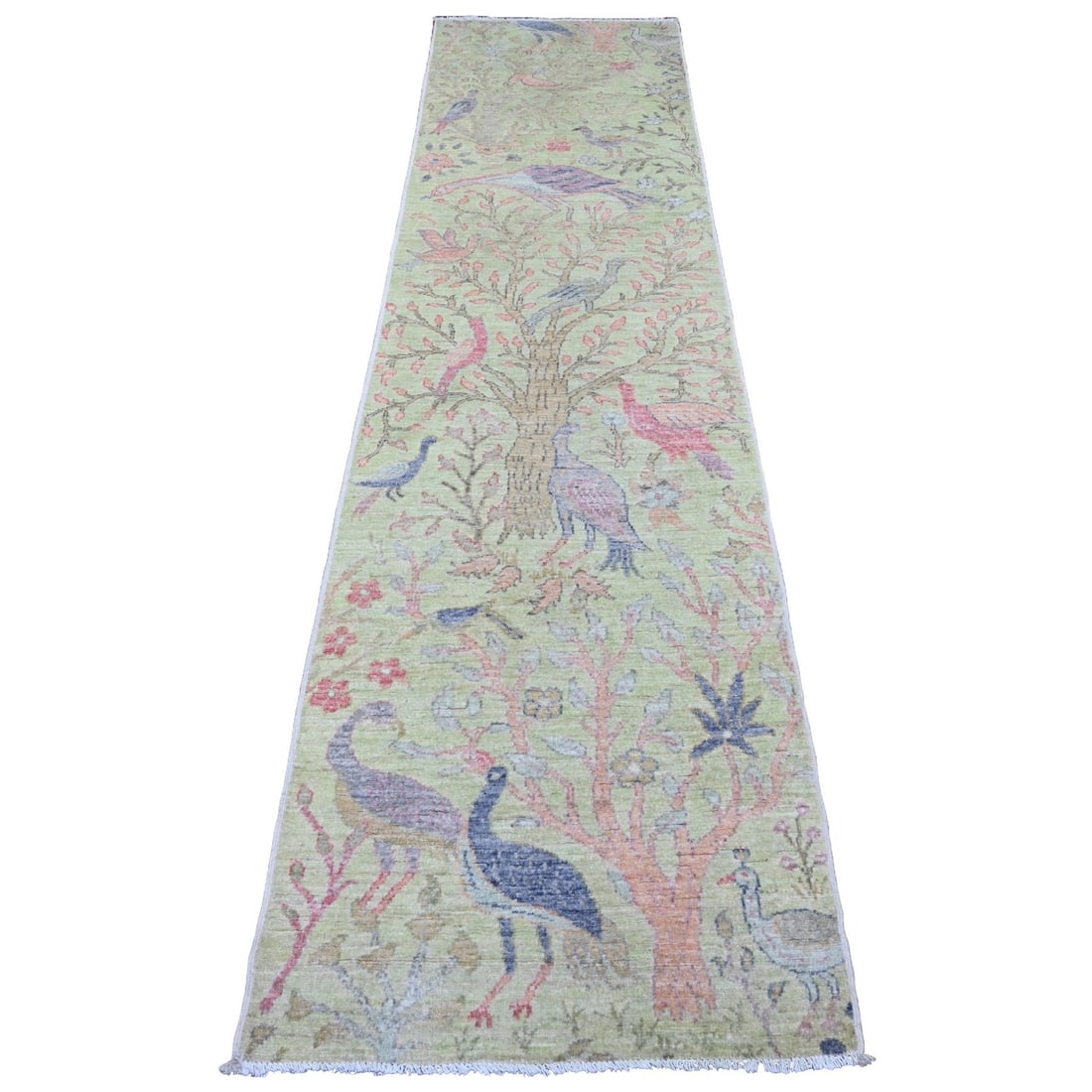 2'5"x9'9" Green Afghan Peshawar Birds Design Hand Knotted Wool Runner Rug: 2'5"x9'9" Green Afghan Peshawar Birds Design Hand Knotted Wool Runner Rug Green Afghan Peshawar Birds Design Hand Knotted Wool Runner Rug, measuring 2'5" x 9'9", showcases a stunning Oriental Regional