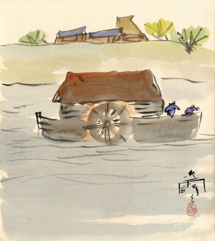 Maruyama Banka Woodblock Print Shikishi Paddle Steamer Steamboat Japanese Art (1 of 1)