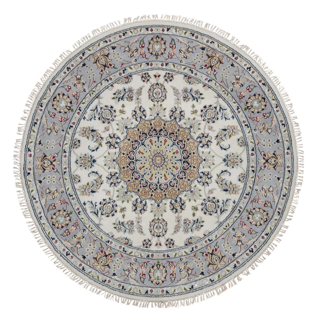 5'2"x5'2" Ivory Nain Medallion Design Wool & Silk Hand Knotted Round Rug: 5'2"x5'2" Ivory Nain Medallion Design Wool & Silk Hand Knotted Round Rug This stunning 5'2"x5'2" Ivory Nain Medallion Design Wool & Silk Hand Knotted Round Rug boasts a beautiful medallion pattern in 