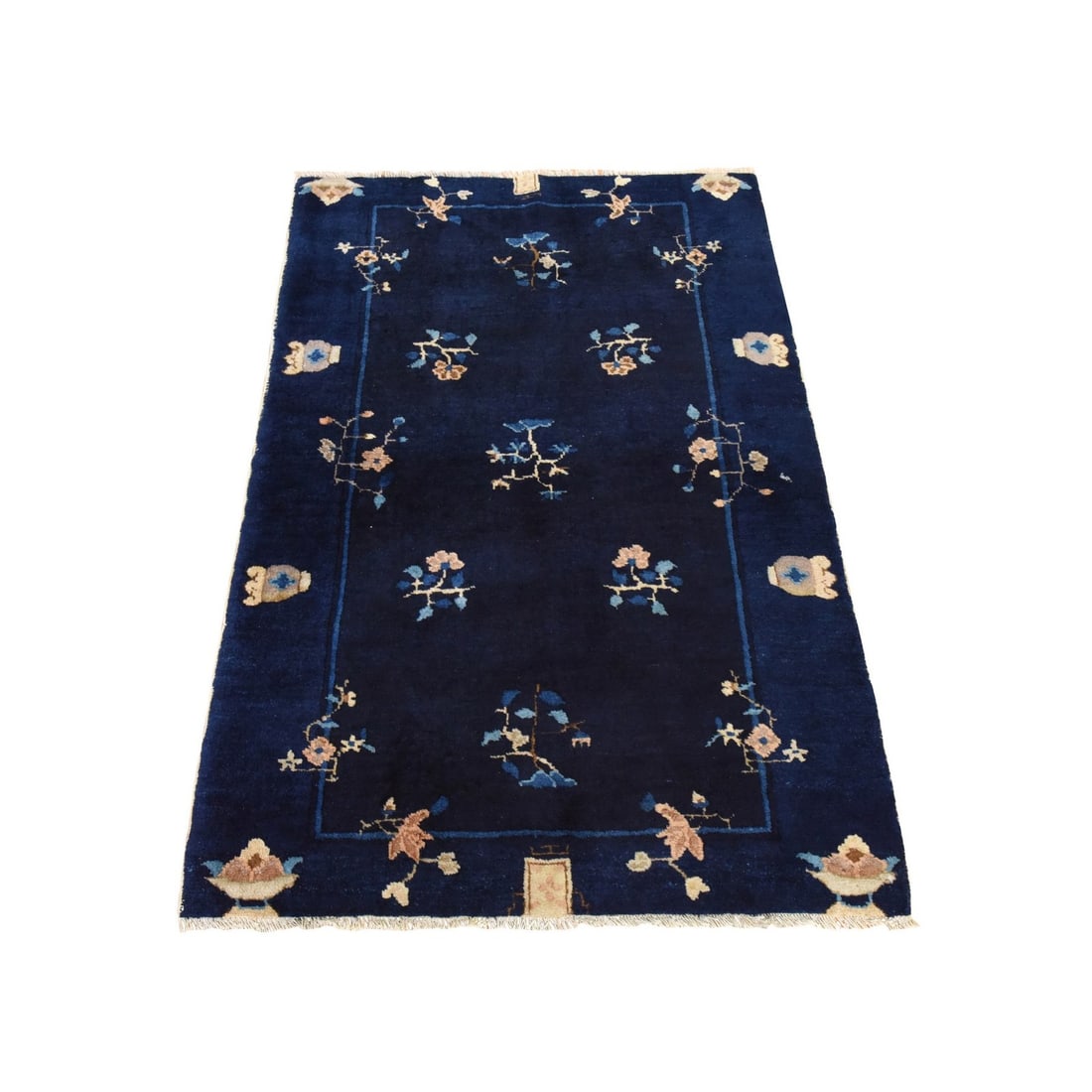 3'x4'6" Midnight Blue Antique Peking Chinese Soft Wool Hand Knotted Rug: 3'x4'6" Midnight Blue Antique Peking Chinese Soft Wool Hand Knotted Rug Midnight blue hues dominate this stunning 3'x4'6" Peking Chinese soft wool hand knotted rug, set against a rectangular field of 