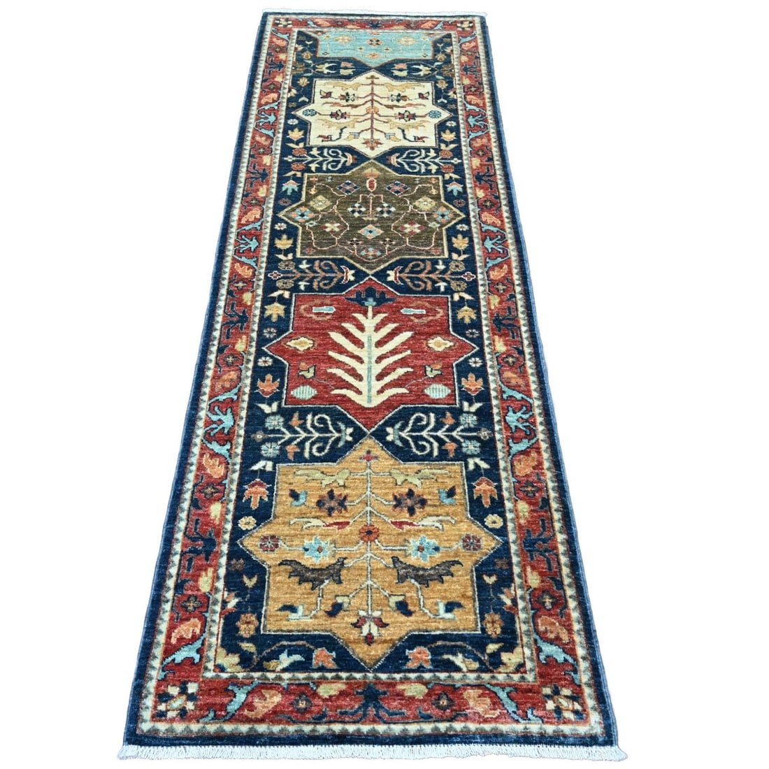 2'7"x7'10" Blue Caucasian Akstafa Design Hand Knotted All Wool Runner Rug: 2'7"x7'10" Blue Caucasian Akstafa Design Hand Knotted All Wool Runner Rug Hand-knotted in wool, this stunning Blue Caucasian Akstafa design rug boasts a vibrant blue field with geometric patterns and 