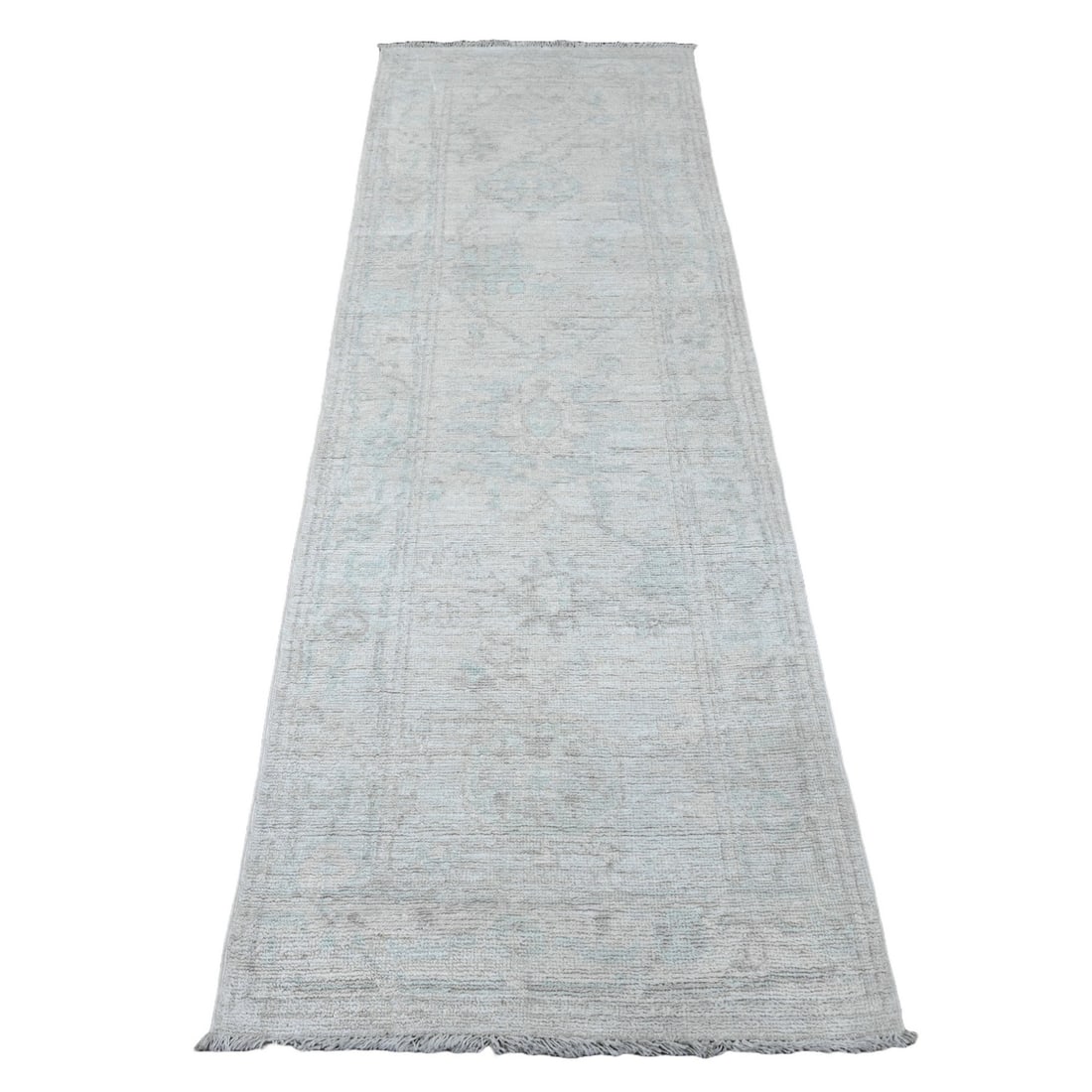 2'7"x7'8" White Wool Angora Oushak Leaf Design Hand Knotted Runner Rug: 2'7"x7'8" White Wool Angora Oushak Leaf Design Hand Knotted Runner Rug Hand-knotted in wool, this stunning Oushak-style runner rug boasts an intricate leaf design in ivory and subtle accents of blue a