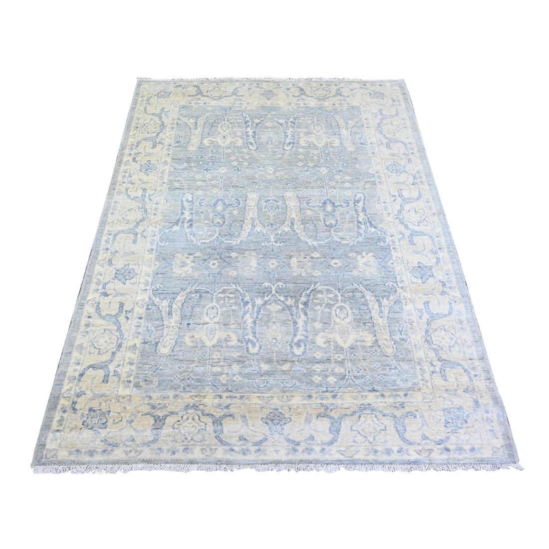 4'x5'9" Coin Gray White Wash Peshawar Wool Hand Knotted Rug: 4'x5'9" Coin Gray White Wash Peshawar Wool Hand Knotted Rug The Coin Gray White Wash Peshawar Wool Hand Knotted Rug boasts a stunning field of grey wool, intricately woven in an Oriental Regional desi