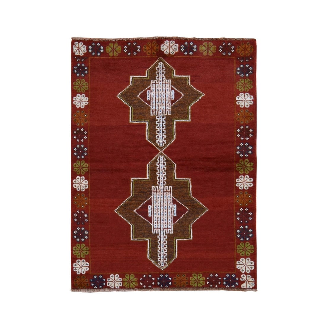 3'7"x4'10" Savvy Red Afghan Balooch with Geometric Design Hand Knotted Wool: 3'7"x4'10" Savvy Red Afghan Balooch with Geometric Design Hand Knotted Wool The Savvy Red Afghan Balooch boasts an eye-catching geometric design in vibrant red hues, set against a rich brown backgroun