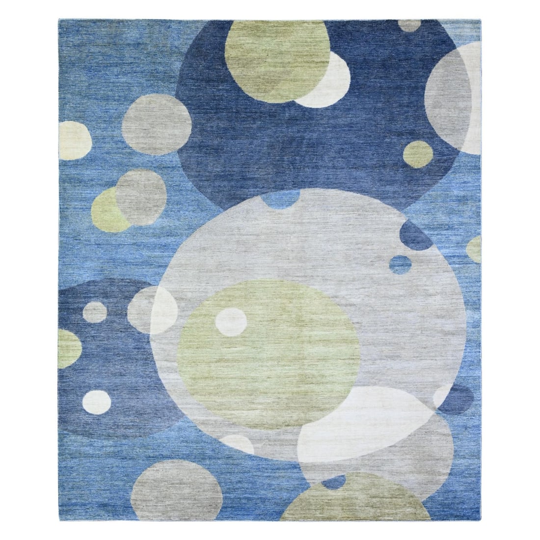 8'2"x9'7" Kensington Blue Modern The Circles Design Wool Hand Knotted Rug: 8'2"x9'7" Kensington Blue Modern The Circles Design Wool Hand Knotted Rug The Kensington Blue Modern The Circles Design Wool Hand Knotted Rug boasts an elegant rectangular field with a flatweave const