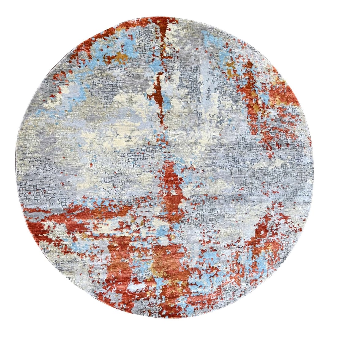 8'x8' Orange Abstract Mosaic Design Wool and Silk Hand Knotted Round Rug: 8'x8' Orange Abstract Mosaic Design Wool and Silk Hand Knotted Round Rug The vibrant orange abstract mosaic design creates a stunning focal point in any room. This hand-knotted wool and silk round rug