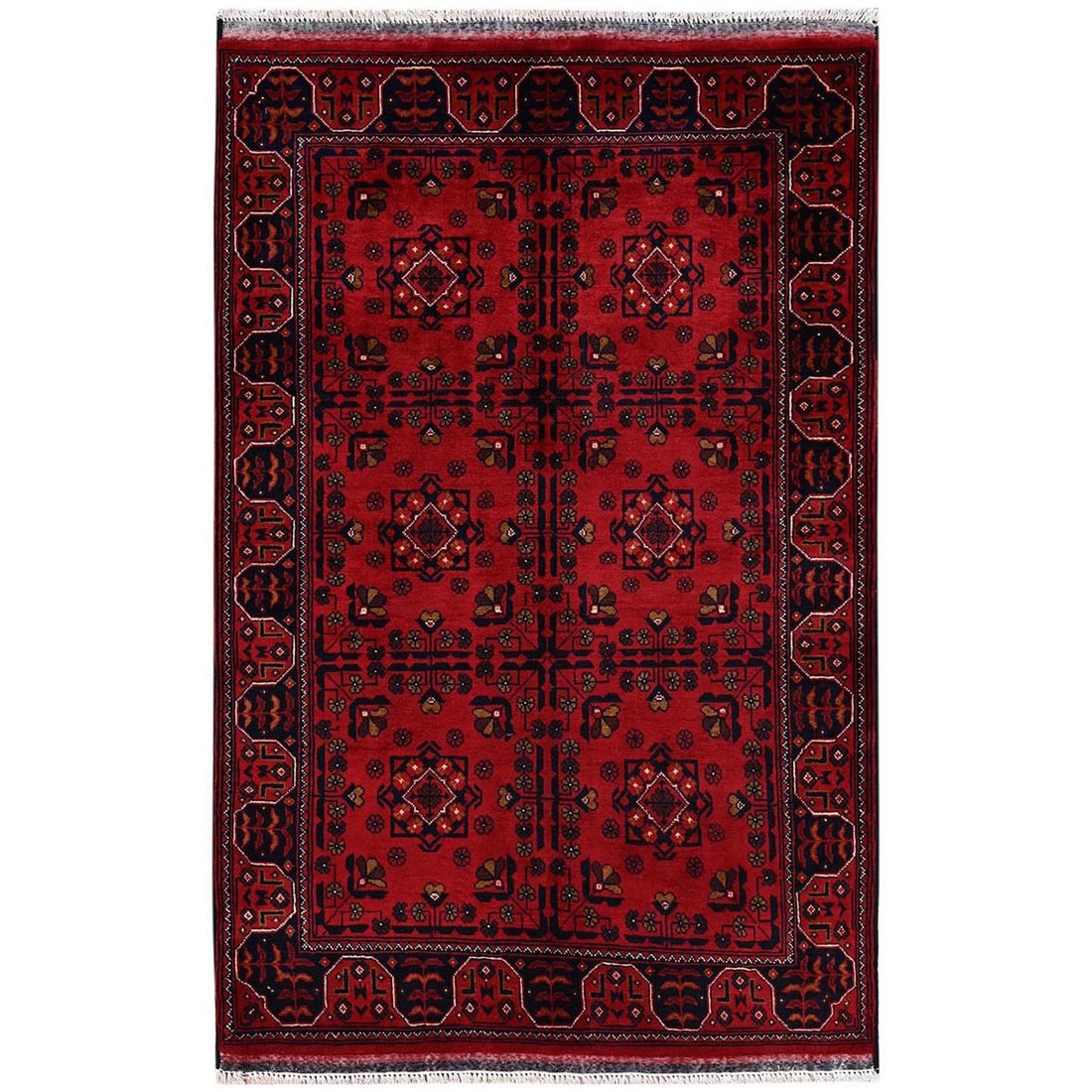 3'4"x5' Red Afghan Andkhoy with Geometric Motif Hand Knotted Soft Wool Rug: 3'4"x5' Red Afghan Andkhoy with Geometric Motif Hand Knotted Soft Wool Rug Soft and vibrant, this hand-knotted Red Afghan Andkhoy rug boasts an all-over geometric motif in rich brown, ivory, and midni