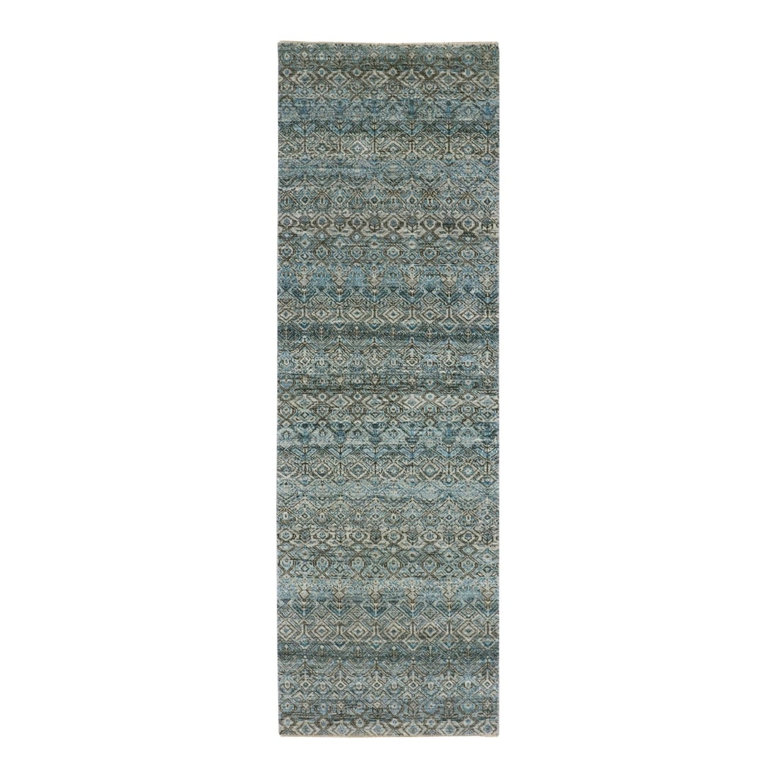 2'6"x8' Blue Diamond Shape Hand Knotted Kohinoor Herrita Wool Runner Rug: 2'6"x8' Blue Diamond Shape Hand Knotted Kohinoor Herrita Wool Runner Rug Hand-knotted with precision, this stunning blue Herrita wool runner rug boasts an intricate design and rich texture. Measuring 