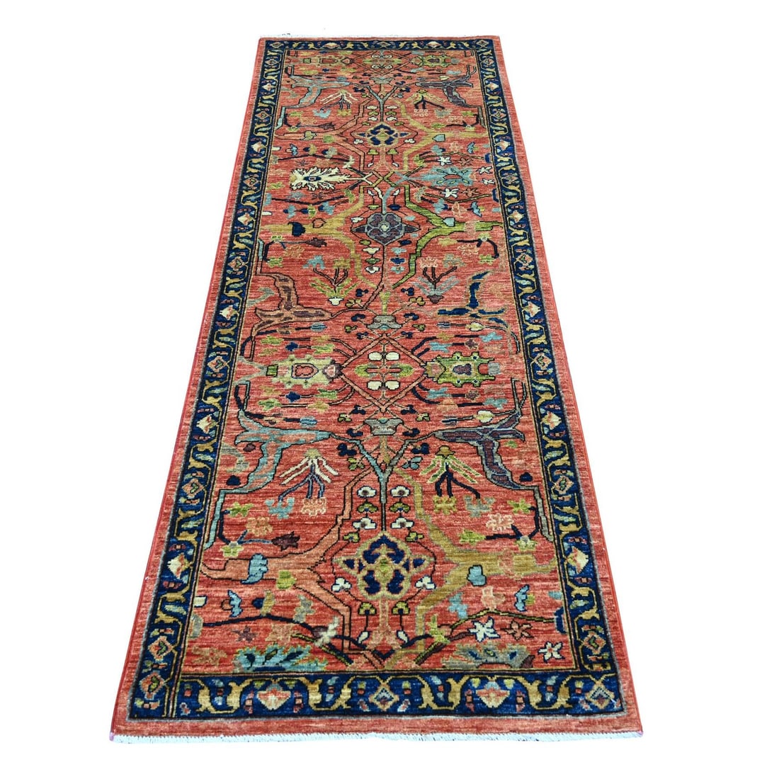 3'x8' Red Peshawar with Bijar Garus Design Wool Hand Knotted Runner Rug: 3'x8' Red Peshawar with Bijar Garus Design Wool Hand Knotted Runner Rug The Red Peshawar with Bijar Garus Design Wool Hand Knotted Runner Rug boasts an all-over regional design in vibrant red hues, co