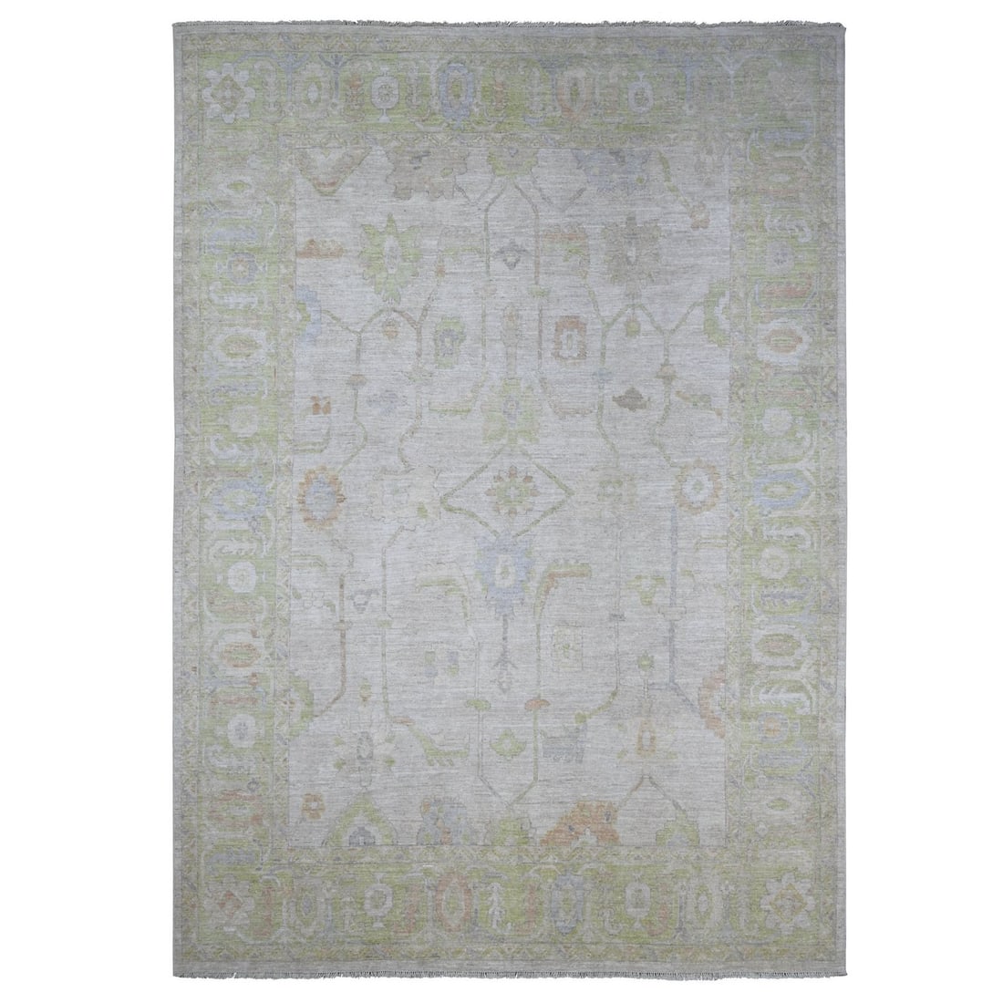 9'8"x13'8" Gray Afghan Angora Oushak with Vines Design Hand Knotted Wool: 9'8"x13'8" Gray Afghan Angora Oushak with Vines Design Hand Knotted Wool 9'8"x13'8" Gray Afghan Angora Oushak with Vines Design Hand Knotted Wool. This stunning, hand-knotted wool rug boasts a beautif