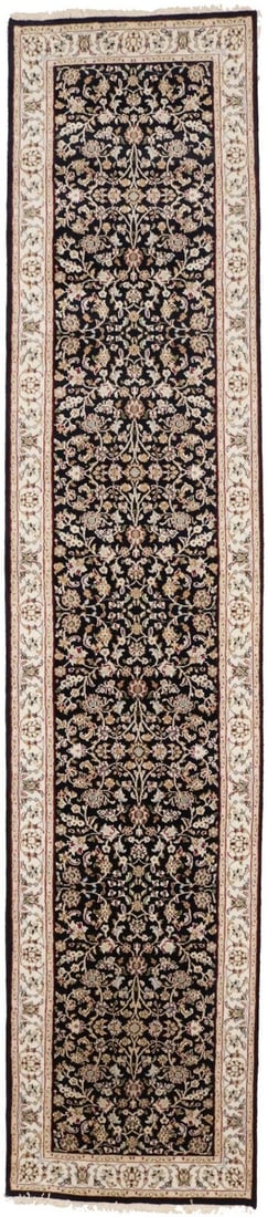 2'7X12'0 Vintage Indo-Nain Oriental Runner Rug Dark Navy Hallway Carpet 3X12 Ft Hand-Knotted: 2'7X12'0 Vintage Indo-Nain Oriental Runner Rug Dark Navy Hallway Carpet 3X12 Ft Hand-Knotted Hand-knotted in wool and silk, this 2'7 X 12'0 Dark Navy runner rug boasts an excellent condition with a fi