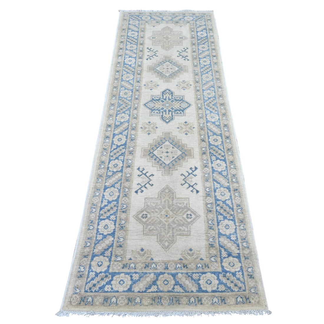 2'6"x7'6" Ivory Vintage Look Kazak with Medallions Hand Knotted Wool Runner: 2'6"x7'6" Ivory Vintage Look Kazak with Medallions Hand Knotted Wool Runner The ivory vintage look Kazak with medallions hand knotted wool runner boasts an intricate geometric design, characteristic o