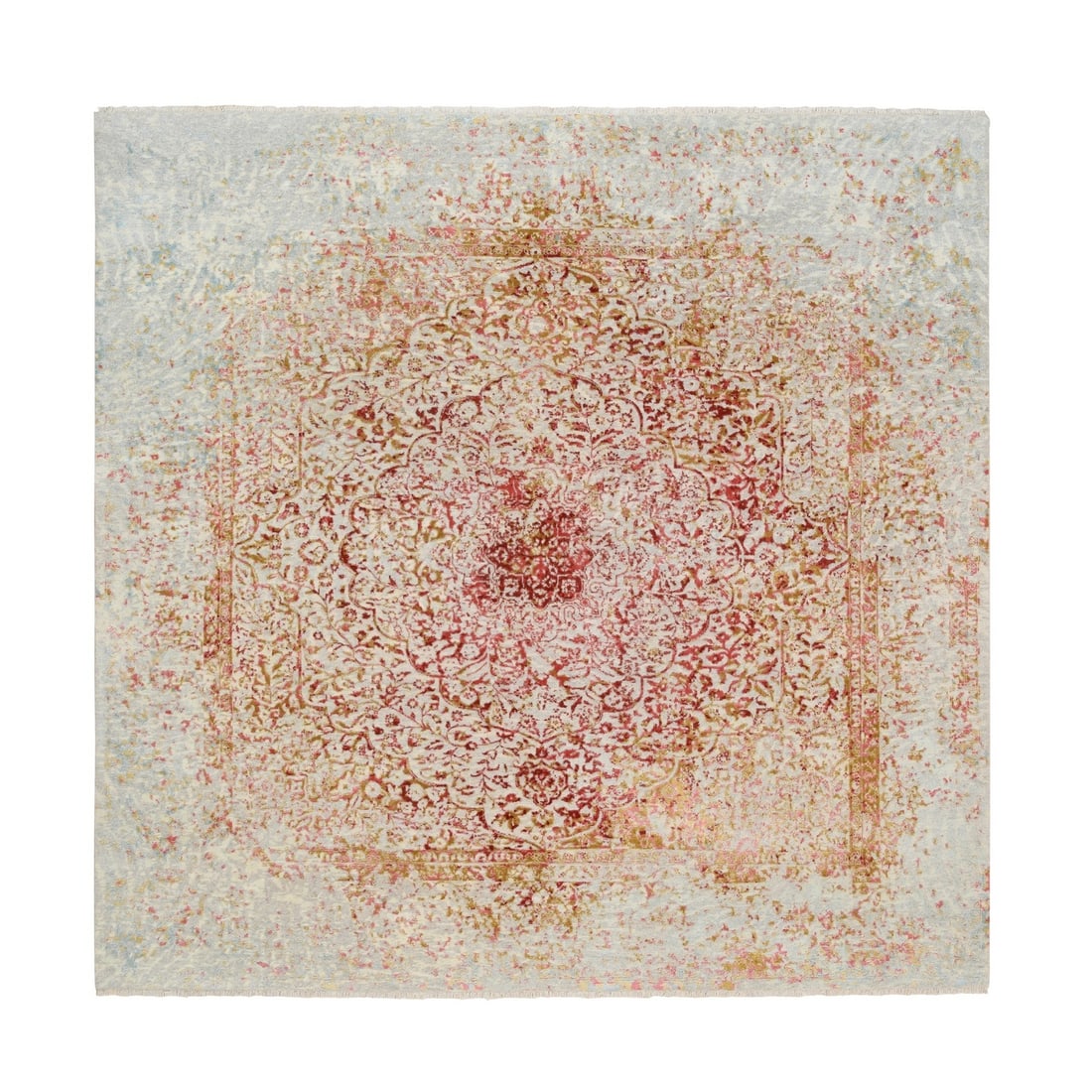 8'2"x8'2" Hand Knotted Ivory Farsian Design Wool and Pure Silk Square Rug: 8'2"x8'2" Hand Knotted Ivory Farsian Design Wool and Pure Silk Square Rug This stunning 8'2"x8'2" hand-knotted ivory Farsian design wool and pure silk square rug boasts intricate details and a