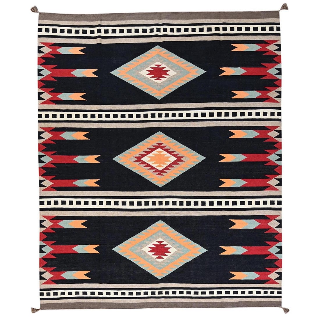 8'4"x10'3" Black Flat Weave Southwest Geometric Design Hand Woven Wool Rug: 8'4"x10'3" Black Flat Weave Southwest Geometric Design Hand Woven Wool Rug 8'4" x 10'3" Black Flat Weave Southwest Geometric Design Hand Woven Wool Rug. This hand-woven wool rug features a striking bl