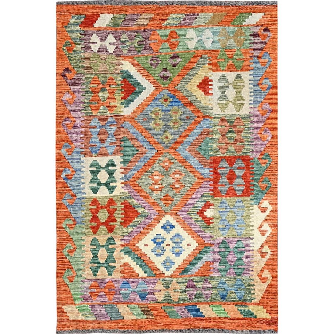 3'6"x5'2" Burnt Orange Afghan Kilim Pure Wool Hand Woven Reversible Rug: 3'6"x5'2" Burnt Orange Afghan Kilim Pure Wool Hand Woven Reversible Rug The Burnt Orange Afghan Kilim Pure Wool Hand Woven Reversible Rug boasts a stunning geometric pattern, characteristic of Orienta