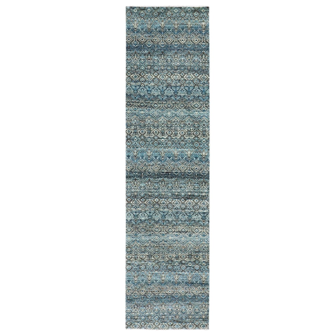 2'6"x10' Blue 100% Wool Hand Knotted Kohinoor Herrita Design Runner Rug: 2'6"x10' Blue 100% Wool Hand Knotted Kohinoor Herrita Design Runner Rug Hand-knotted in rich blue wool, this stunning Herrita-style runner rug boasts intricate patterns and a classic design. Measuring