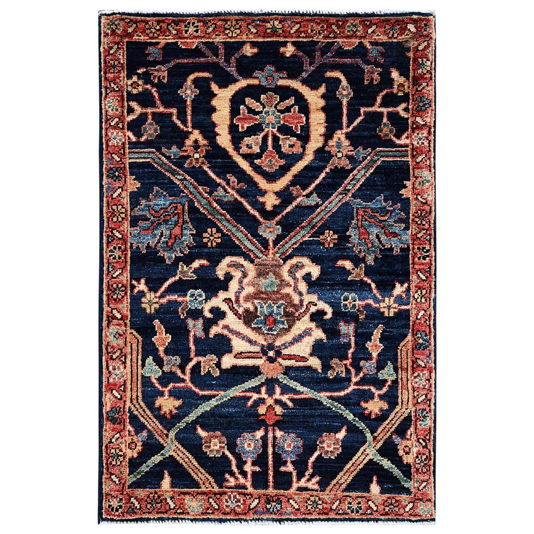 2'1"x3' Midnight Blue Heris All Over Design Soft Wool Hand Knotted Mat Rug: 2'1"x3' Midnight Blue Heris All Over Design Soft Wool Hand Knotted Mat Rug Midnight blue hues dominate this stunning hand-knotted wool mat rug, showcasing an all-over design characteristic of Afghan H