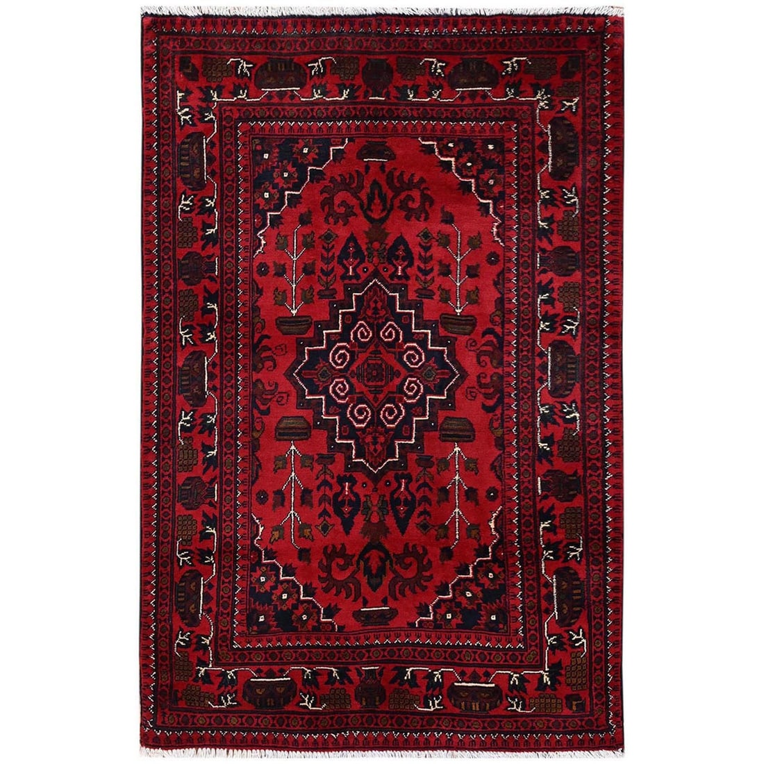 3'3"x5'1" Red Afghan Andkhoy with Geometric Medallion Wool Hand Knotted Rug: 3'3"x5'1" Red Afghan Andkhoy with Geometric Medallion Wool Hand Knotted Rug Red Afghan Andkhoy with Geometric Medallion Wool Hand Knotted Rug features a striking rectangular field adorned with intrica
