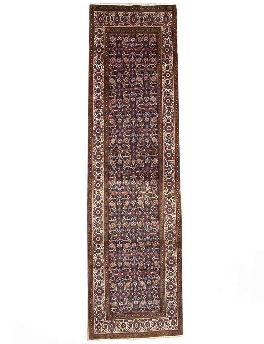 3'2-3'7 X 12'3 Ft Vintage Handmade Floral Oriental Runner Rug Hallway Carpet Hand-Knotted: 3'2-3'7 X 12'3 Ft Vintage Handmade Floral Oriental Runner Rug Hallway Carpet Hand-Knotted Hand-knotted in wool, this vintage floral oriental runner rug boasts a rich, dark purple-navy cream color pale