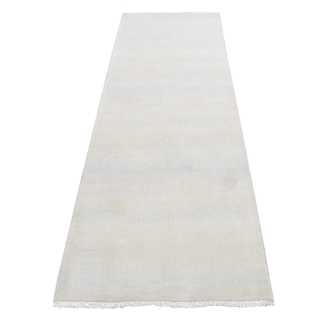 Ivory Grass Design 2'7"x8'4" Gabbeh Wool and Silk Hand Knotted Runner Rug: Ivory Grass Design 2'7"x8'4" Gabbeh Wool and Silk Hand Knotted Runner Rug Hand-knotted with wool and silk, this stunning Ivory Grass Design rug boasts intricate patterns in a soothing ivory field. Mea