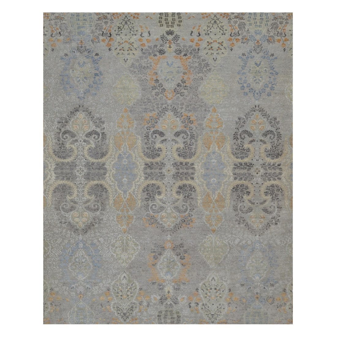 7'10"x10' Gray Jewelry Design Wool with Textured Silk Hand Knotted Rug: 7'10"x10' Gray Jewelry Design Wool with Textured Silk Hand Knotted Rug 7'10"x10' Gray Jewelry Design Wool with Textured Silk Hand Knotted Rug bears a signature. Made from 100% wool and featuring a uni