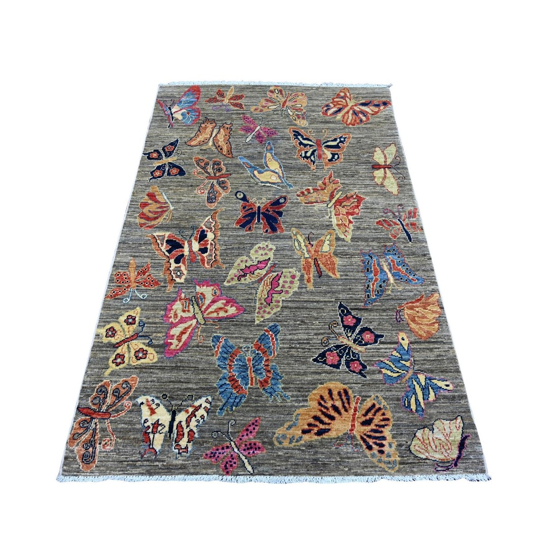 3'10"x6' Fossil Gray Peshawar Butterfly Design Soft Wool Hand Knotted Rug: 3'10"x6' Fossil Gray Peshawar Butterfly Design Soft Wool Hand Knotted Rug Soft and elegant, this Fossil Gray Peshawar Butterfly Design Soft Wool Hand Knotted Rug boasts a beautiful grey field with int