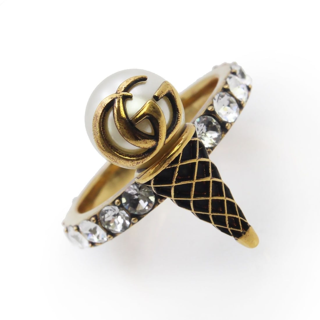 Gucci GG Double G Ice Cream Faux Pearl and Rhinestone Ring US6.5-7: Gucci GG Double G Ice Cream Faux Pearl and Rhinestone Ring US6.5-7 Item Specifics: Brand: Gucci Ring Size: 6.5-7 Type: Ring Color: Gold Style: Ring Material: Metal Product Disclaimer: Items may exhibi