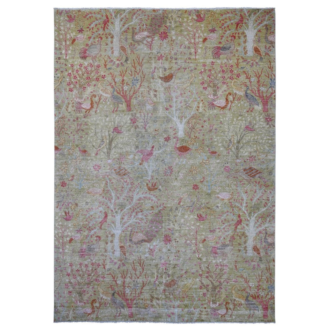 9'8"x13'6" Green Peshawar with Birds of Paradise Design Hand Knotted Wool: 9'8"x13'6" Green Peshawar with Birds of Paradise Design Hand Knotted Wool 9'8"x13'6" Green Peshawar with Birds of Paradise Design Hand Knotted Wool Rug.This stunning hand-knotted wool rug from Afghani
