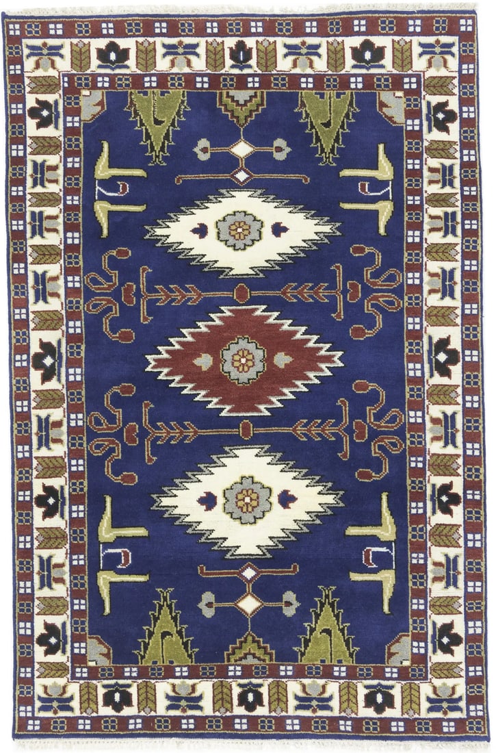 Kazak Oriental Rug Geometric Design Carpet Home Studio & Office Decor 5X8 Ft Hand-Knotted: Kazak Oriental Rug Geometric Design Carpet Home Studio & Office Decor 5X8 Ft Hand-Knotted Navy blue, cream, and rusty red hues come together in a striking geometric design on this hand-knotted wool ca