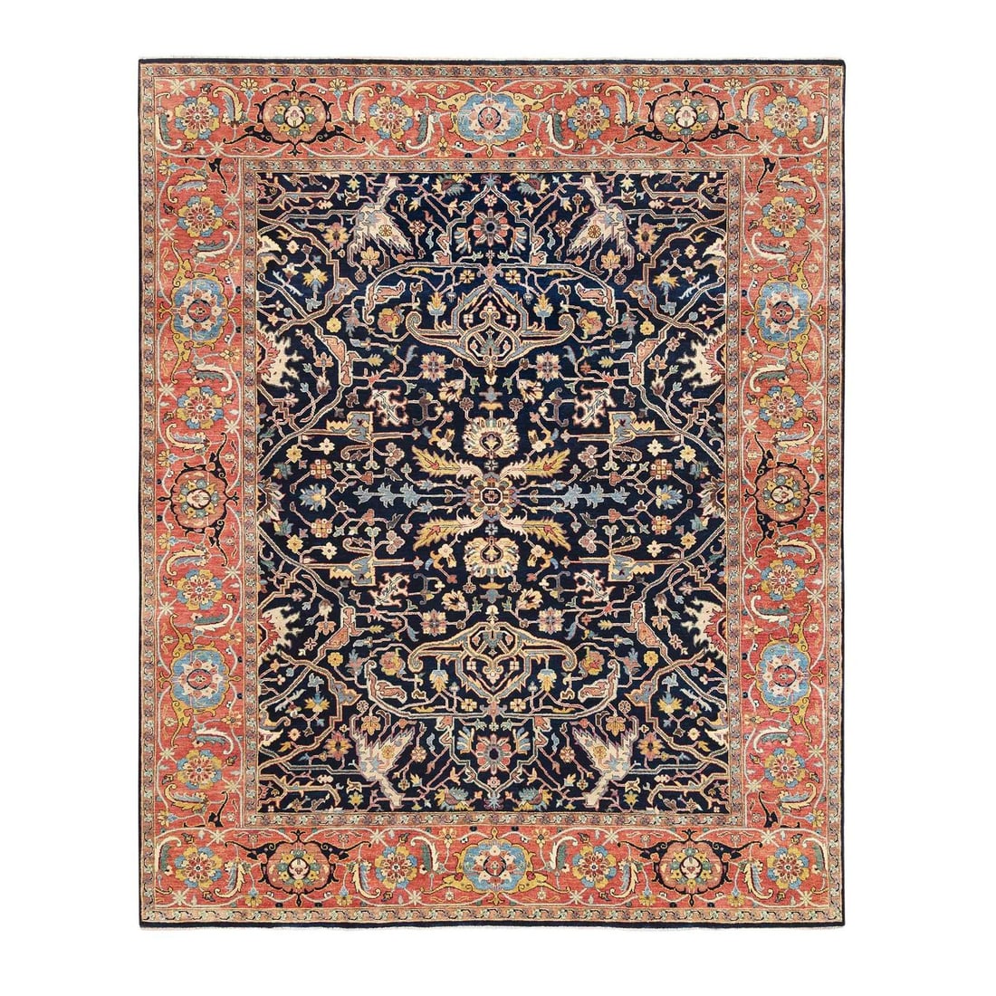 8'1"x10'1" Blue Antiqued Heris Re-Creation Soft Wool Hand Knotted Rug: 8'1"x10'1" Blue Antiqued Heris Re-Creation Soft Wool Hand Knotted Rug The Blue Antiqued Heris Re-Creation Soft Wool Hand Knotted Rug boasts an impressive 8'1" x 10'1" rectangular field with a rich blu