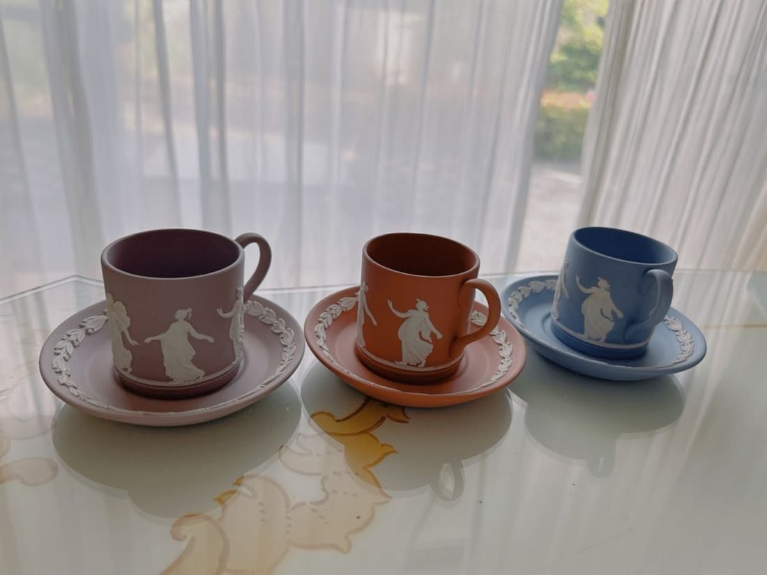 Wedgwood Jasper Dancing Hours Demitasse Cup Saucer Set 3 Colors England (1 of 8)
