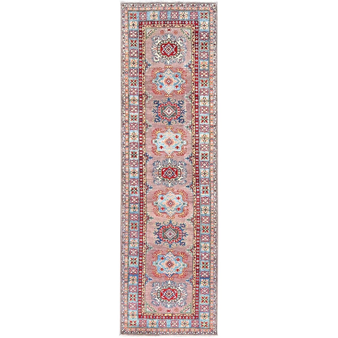 2'7"x9'3" Gray Hand Knotted Densely Woven Kazak Wool Runner Oriental Rug: 2'7"x9'3" Gray Hand Knotted Densely Woven Kazak Wool Runner Oriental Rug Densely woven with thick, plush wool, this 2'7"x9'3" Gray Kazak Wool Runner features a striking gray color that adds depth and 