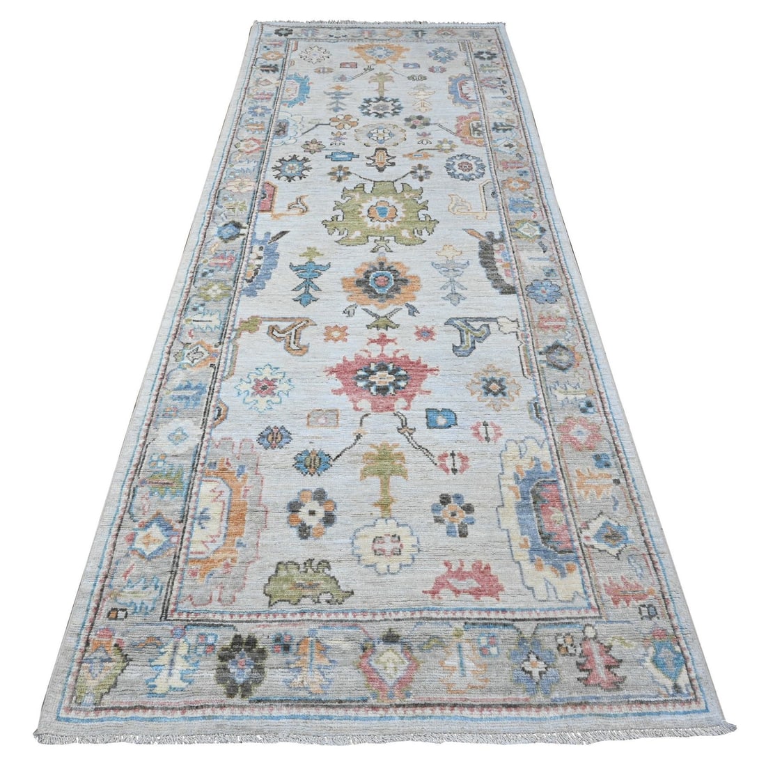4'x10'8" Beau Blue Afghan Angora Oushak Wide Gallery Runner Oriental Rug: 4'x10'8" Beau Blue Afghan Angora Oushak Wide Gallery Runner Oriental Rug The Beau Blue Afghan Angora Oushak Wide Gallery Runner Oriental Rug boasts an exquisite blue hue, characteristic of the region'