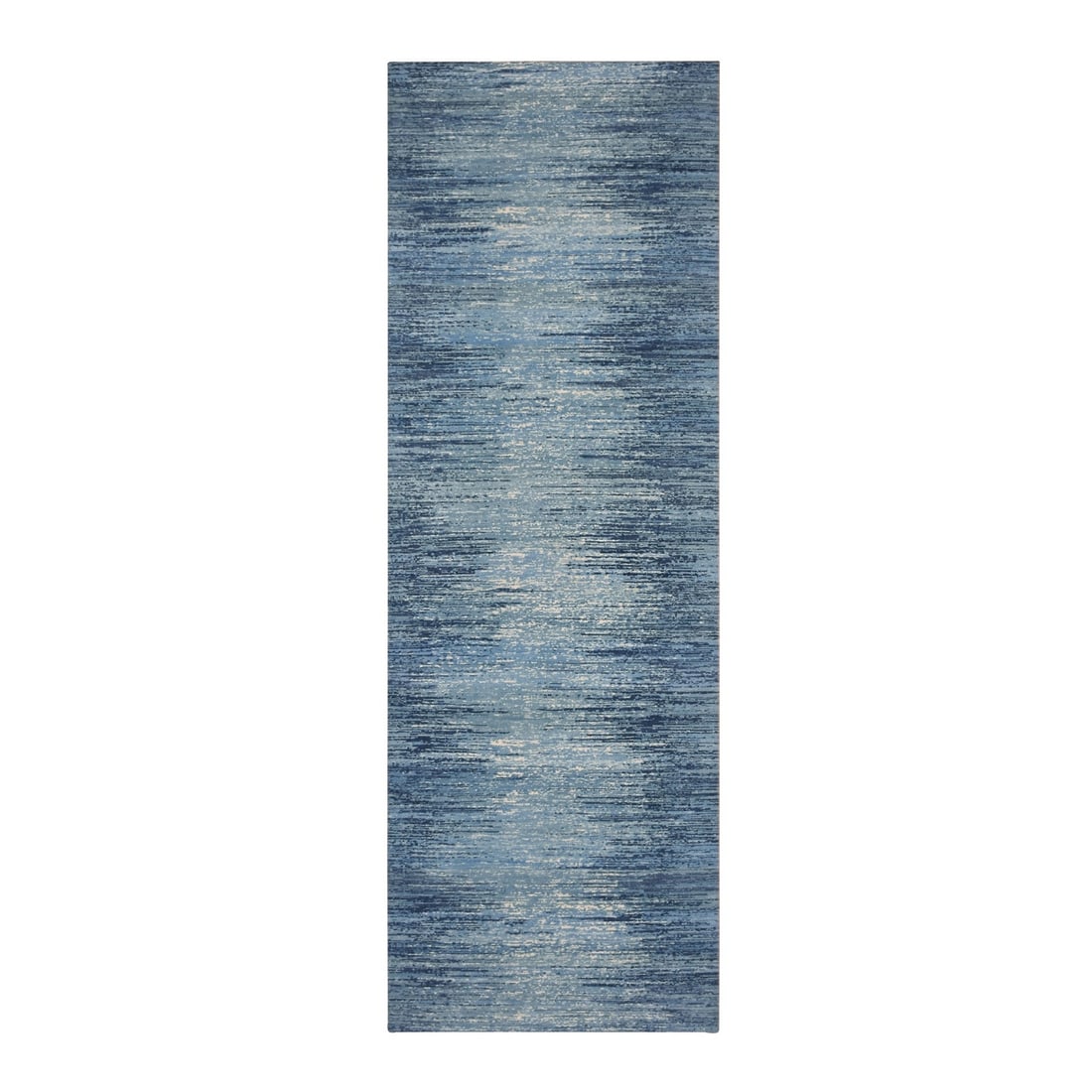 4'1"x12'2"Blue Ivory Hand Knotted Wool Horizontal Ombre Design Runner Rug: 4'1"x12'2"Blue Ivory Hand Knotted Wool Horizontal Ombre Design Runner Rug Hand-knotted wool rug with striking blue ombre design, featuring a horizontal gradient effect. This stunning piece boasts intr