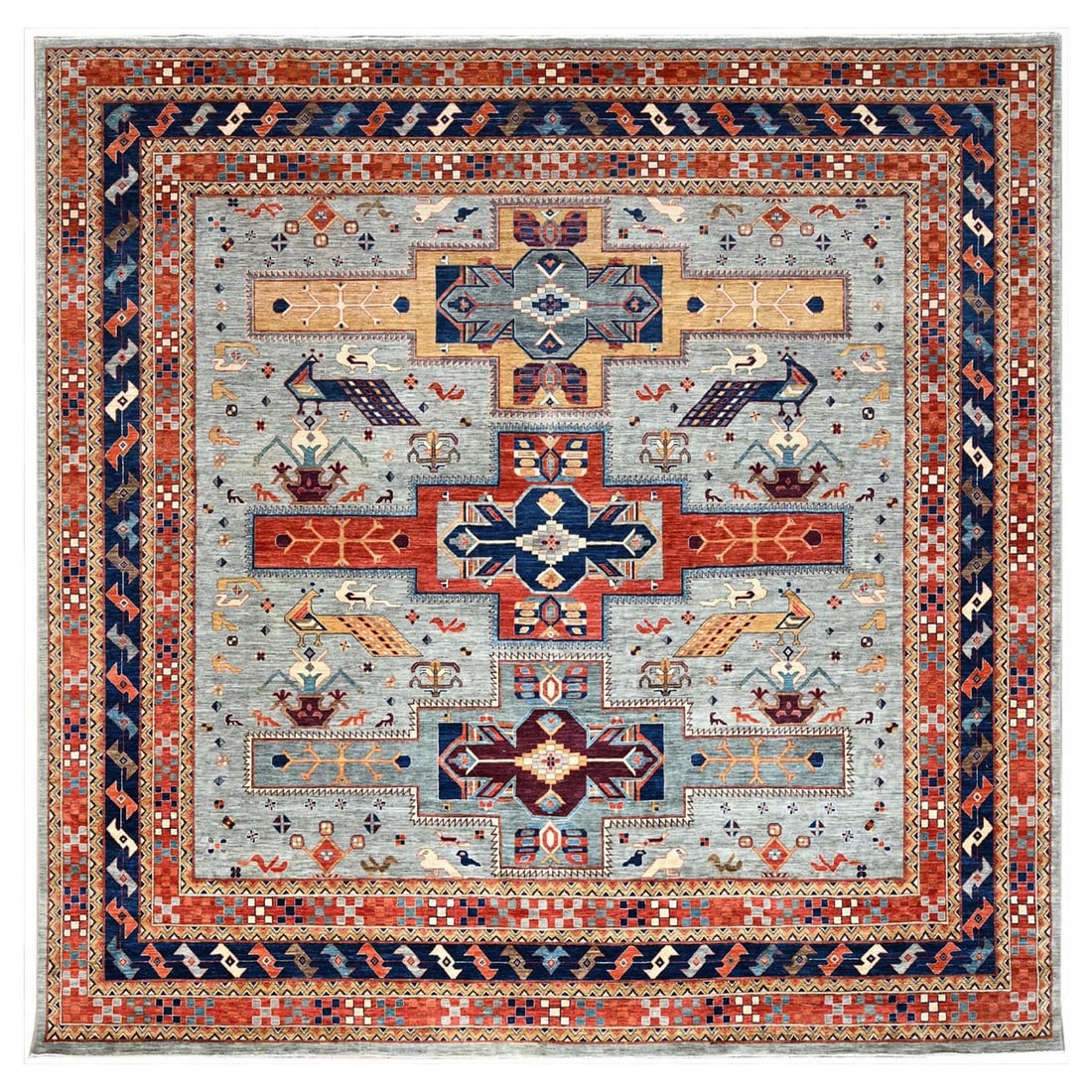 Stormy Sky 12' Round Hand Knotted All Wool Caucasian Design Rug: Stormy Sky 12' Round Hand Knotted All Wool Caucasian Design Rug The Stormy Sky 12' Round Hand Knotted All Wool Caucasian Design Rug boasts an impressive size and intricate design, featuring a stunning