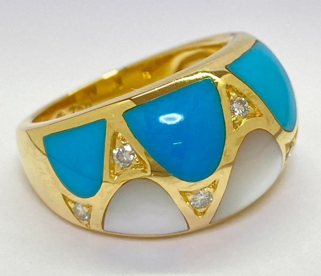 Turquoise Mother of Pearl Diamond Inlay 18k Yellow Gold Band Wide Ring (1 of 11)