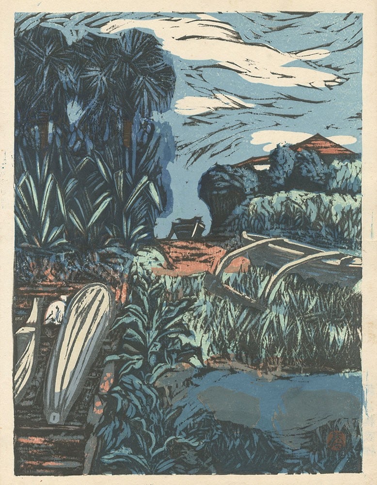 Hashimoto Okiie Sosaku Hanga Woodblock Print Yaene Hachijojima Island 1950: Hashimoto Okiie Sosaku Hanga Woodblock Print Yaene Hachijojima Island 1950 Item Specifics: Artist: Hashimoto Okiie Subject: Landscape Hachijojima Island Material: Washi Paper Style: Japanese Size: 34 