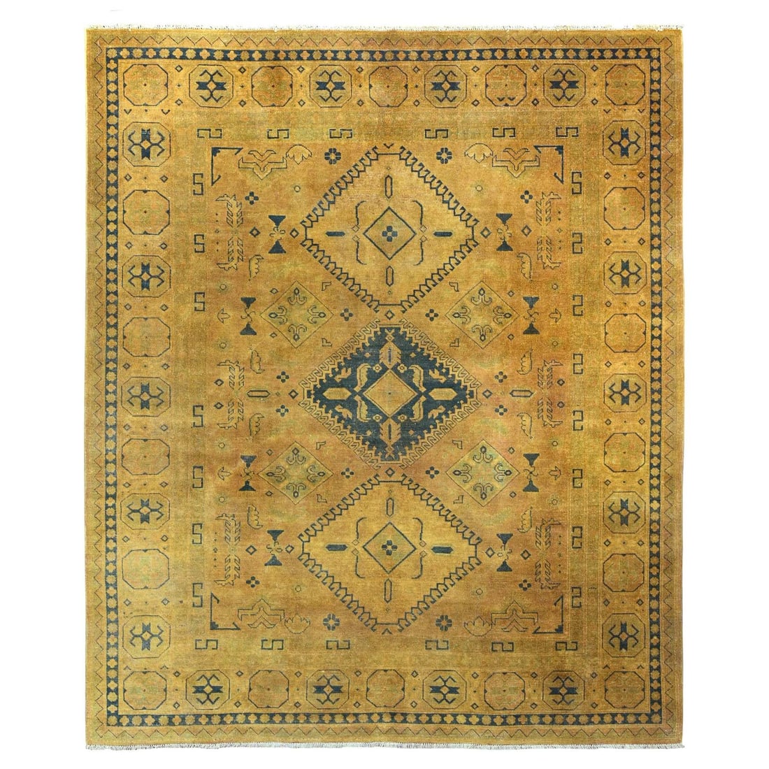 8'x9'5" Brown Overdyed Kazak Medallions Design Hand Knotted 100% Wool Rug: 8'x9'5" Brown Overdyed Kazak Medallions Design Hand Knotted 100% Wool Rug This stunning 8'x9'5" hand-knotted wool rug boasts an intricate brown overdyed Kazak medallions design, adding a touch of eleg